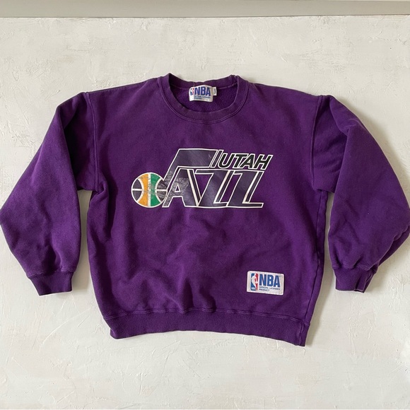 Vintage 90s Utah Jazz Sweater Sweatshirt NBA Japan Opening Game Purple Sz L - Picture 1 of 12